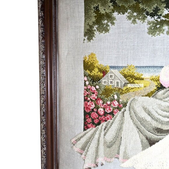 Nantucket Rose Petit Point Beach Lady Embroidery Pillowed Frame 18"x18 vtg - Picture 7 of 15